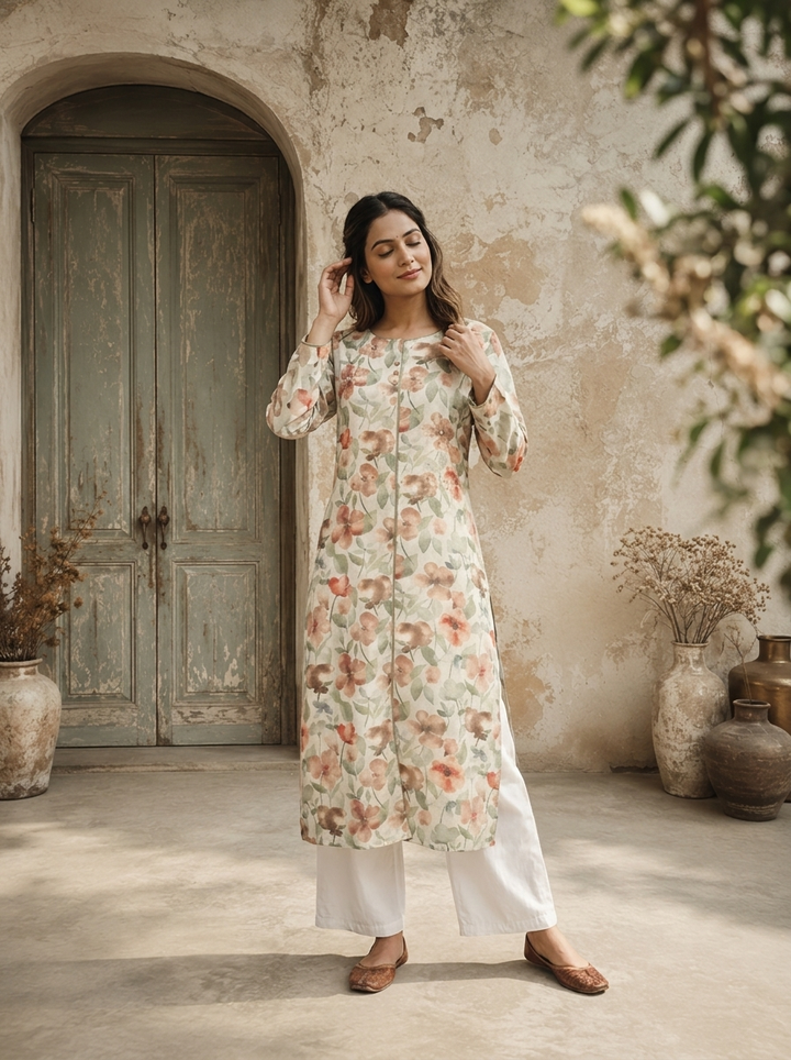 Mint Linen Digital Watercolor Floral Printed Kurta