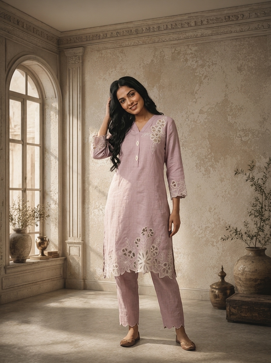 Lilac Linen Applique Floral Embroidered Two Piece Set