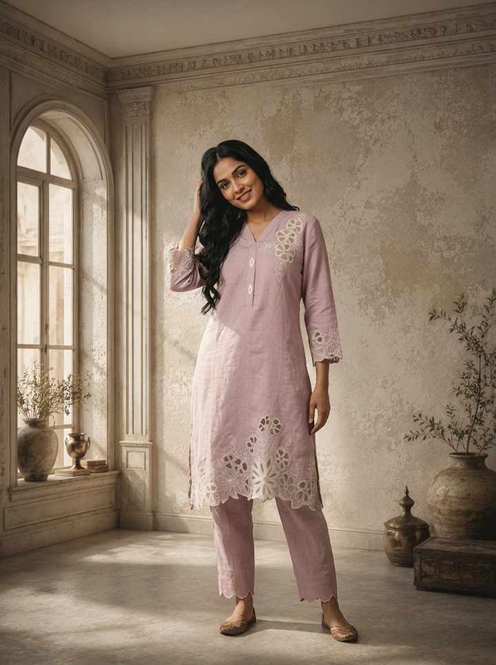 Lilac Linen Applique Floral Embroidered Two Piece Set