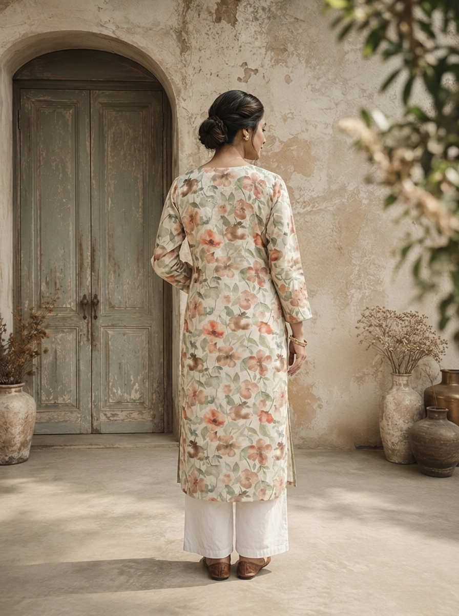 Mint Linen Digital Watercolor Floral Printed Kurta