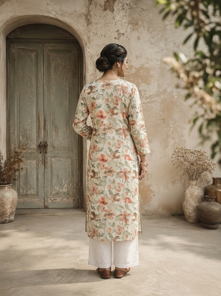 Mint Linen Digital Watercolor Floral Printed Kurta