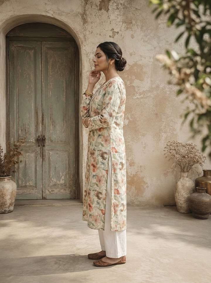 Mint Linen Digital Watercolor Floral Printed Kurta