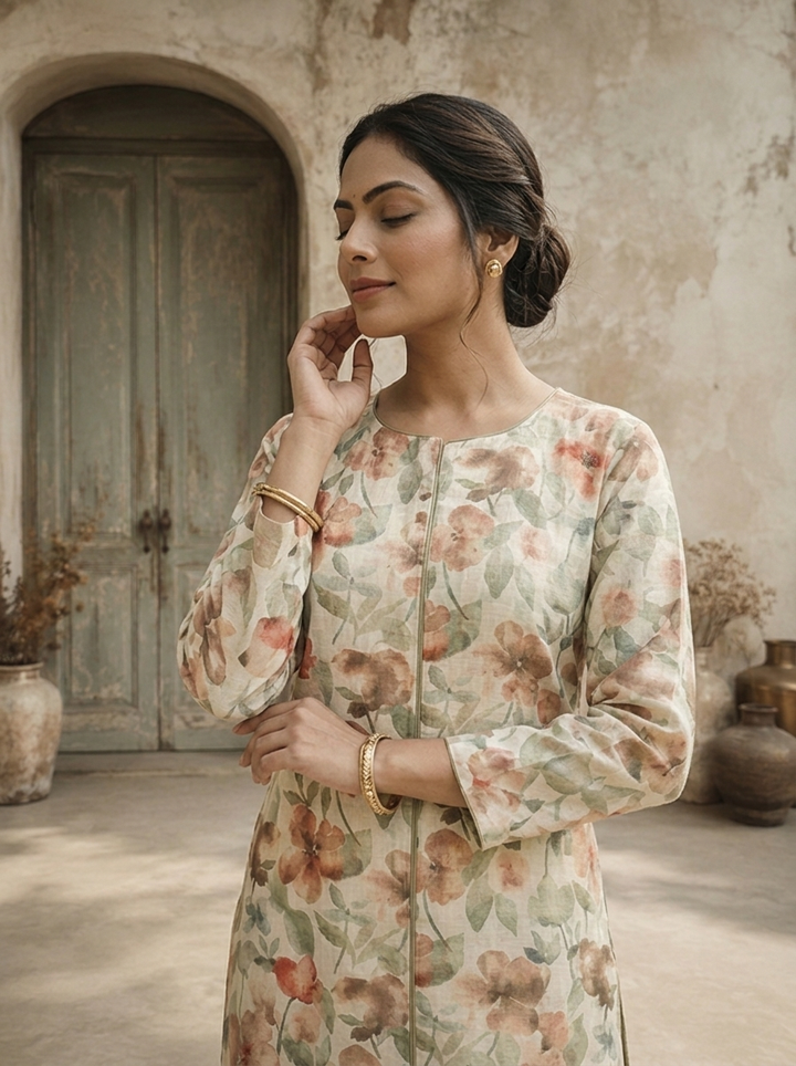 Mint Linen Digital Watercolor Floral Printed Kurta