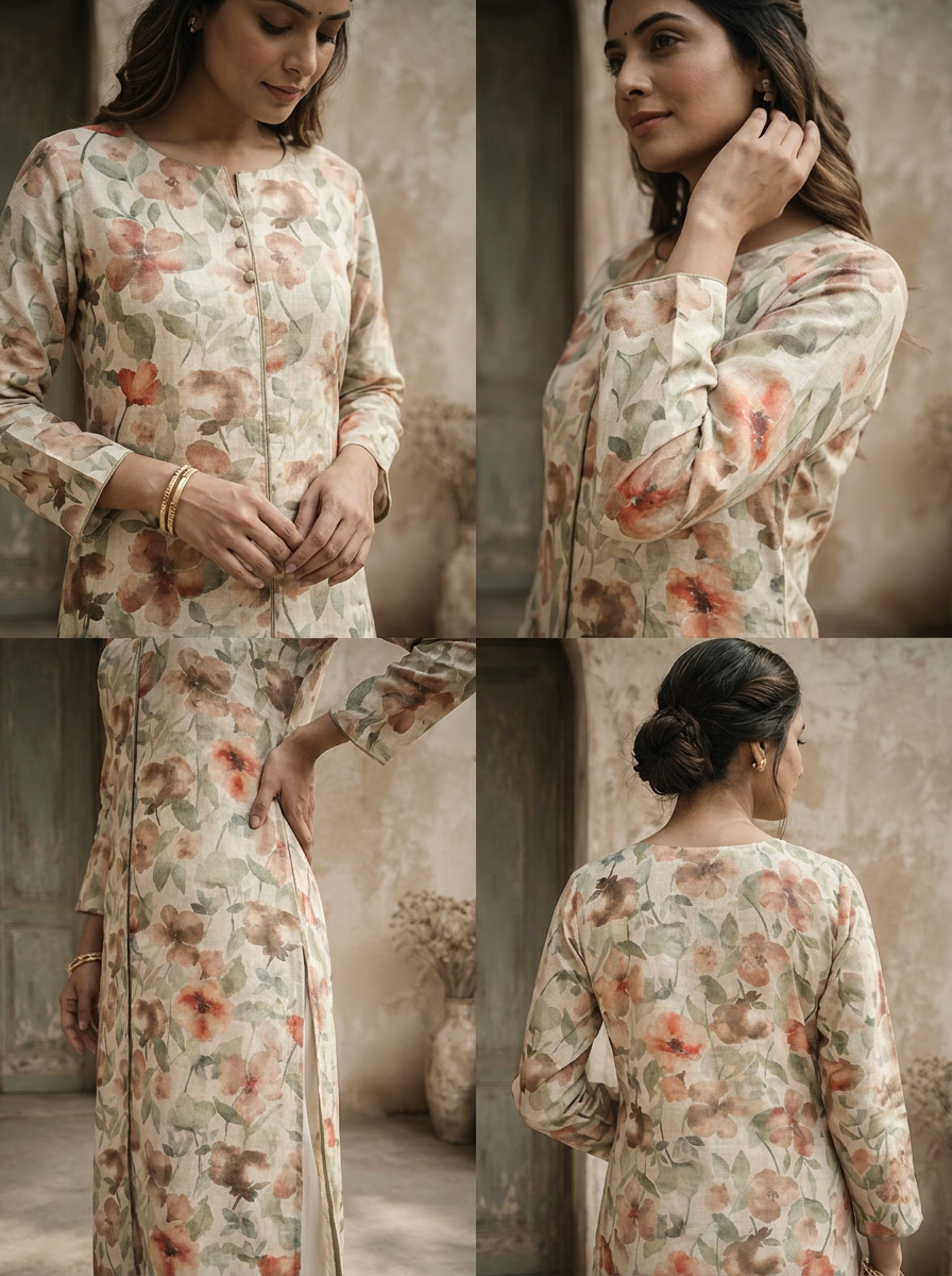 Mint Linen Digital Watercolor Floral Printed Kurta