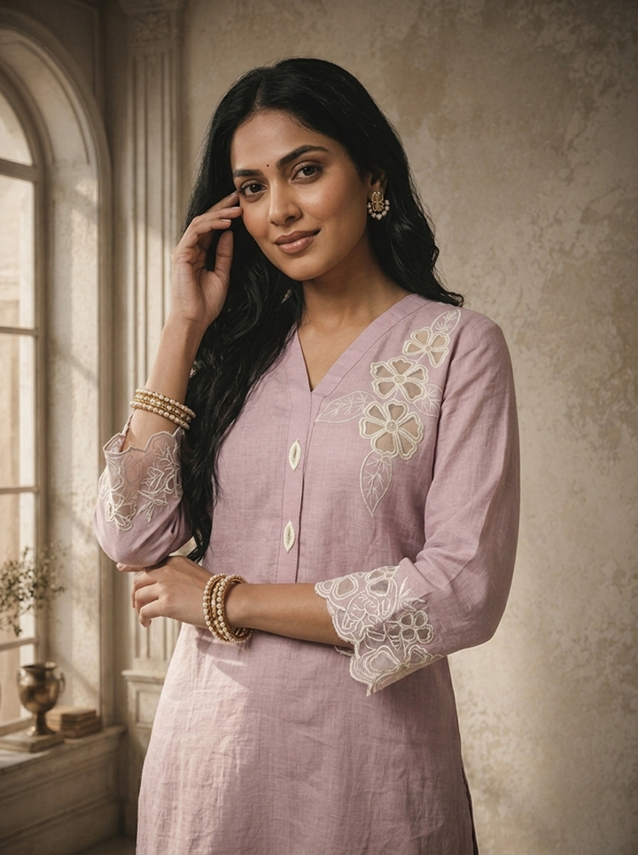 Lilac Linen Applique Floral Embroidered Two Piece Set