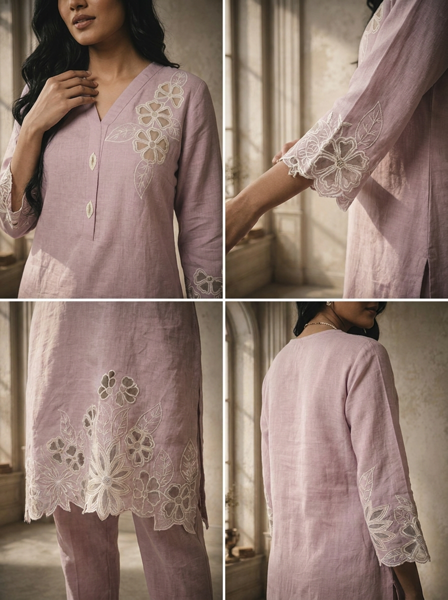 Lilac Linen Applique Floral Embroidered Two Piece Set