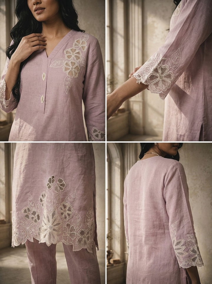 Lilac Linen Applique Floral Embroidered Two Piece Set