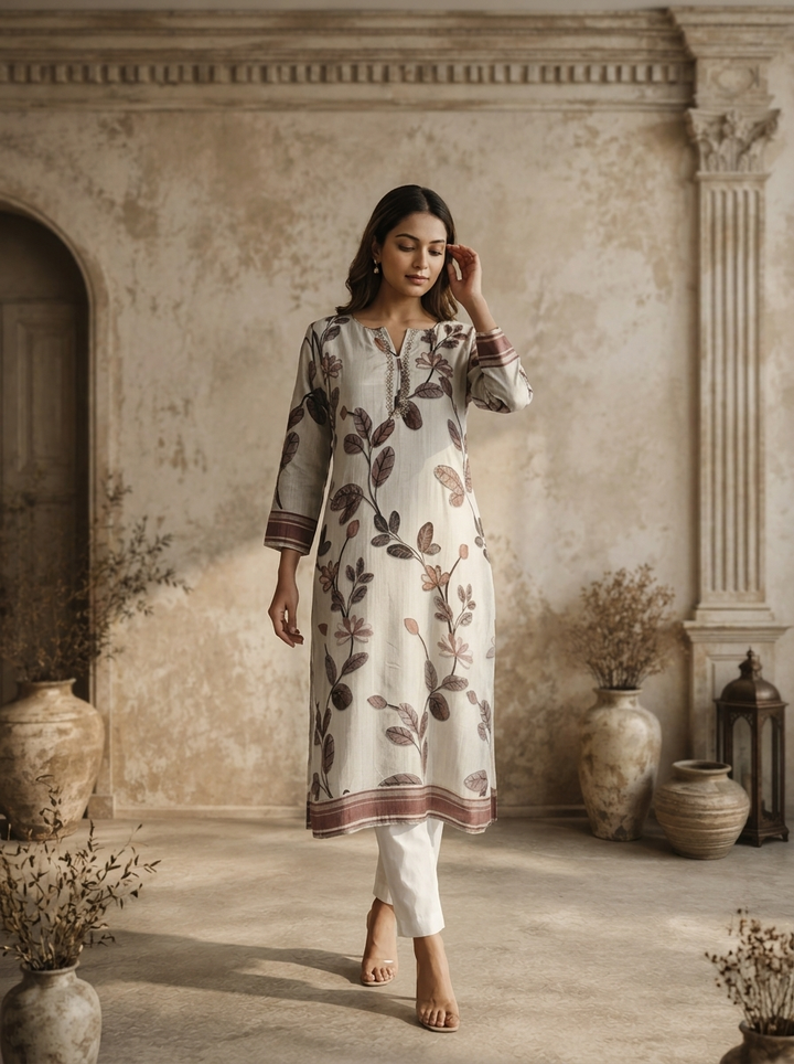 Grey Silk Leaf Vine Printed Kurta