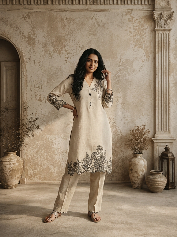 Beige Linen Floral Embroidered Two Piece Set
