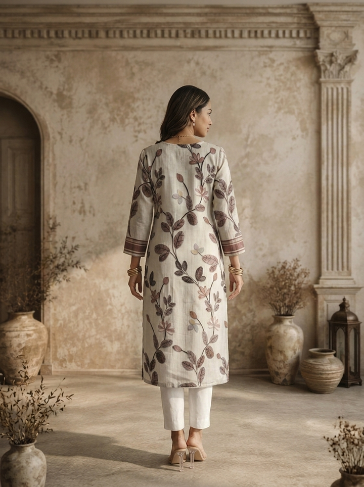 Grey Silk Leaf Vine Printed Kurta