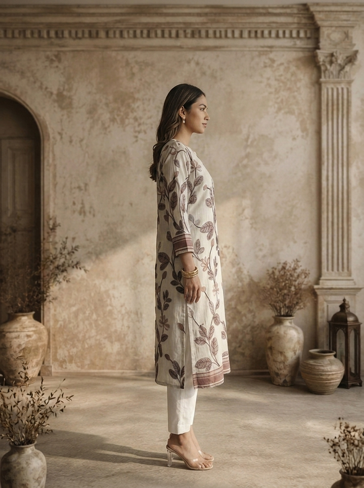 Grey Silk Leaf Vine Printed Kurta