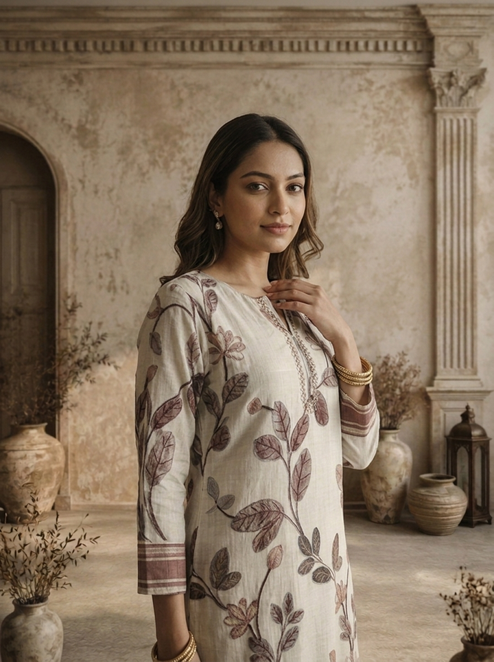 Grey Silk Leaf Vine Printed Kurta