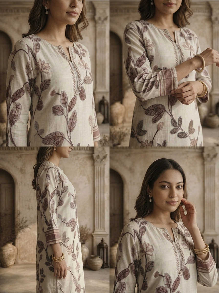 Grey Silk Leaf Vine Printed Kurta