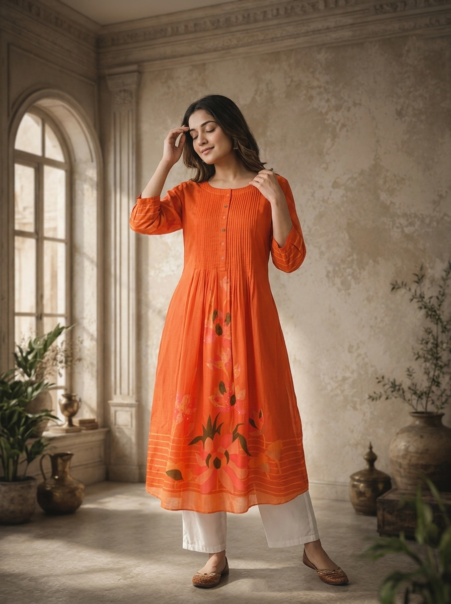 Burnt Orange Silk Large Abstract Floral Panel Printed Kurta