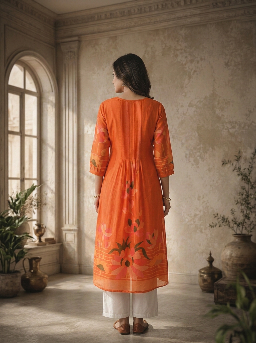 Burnt Orange Silk Large Abstract Floral Panel Printed Kurta
