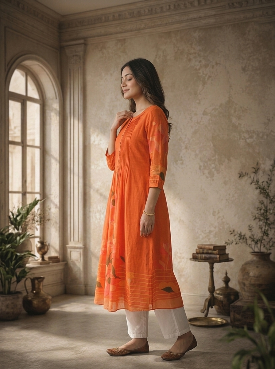 Burnt Orange Silk Large Abstract Floral Panel Printed Kurta
