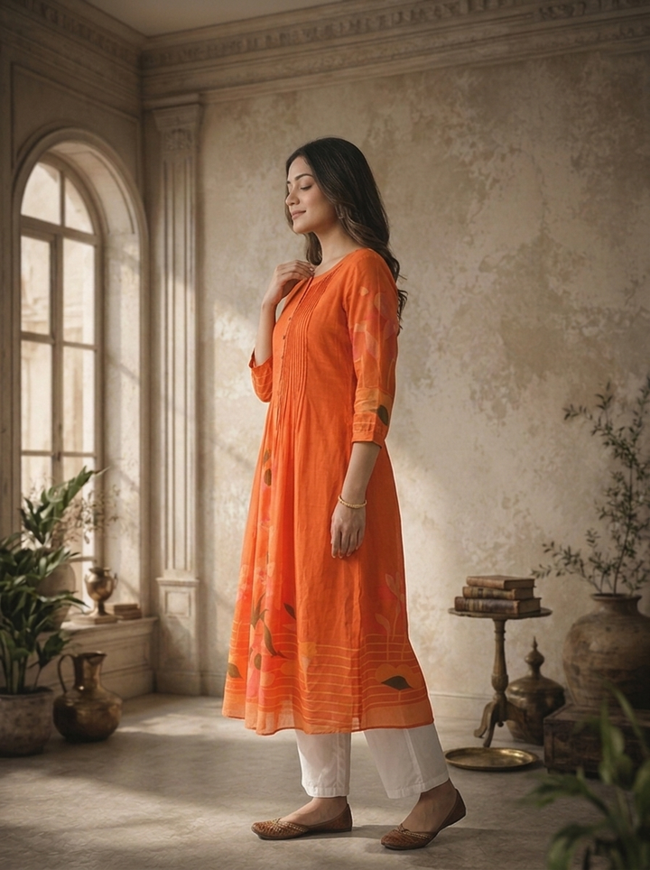 Burnt Orange Silk Large Abstract Floral Panel Printed Kurta