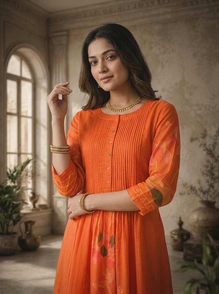 Burnt Orange Silk Large Abstract Floral Panel Printed Kurta