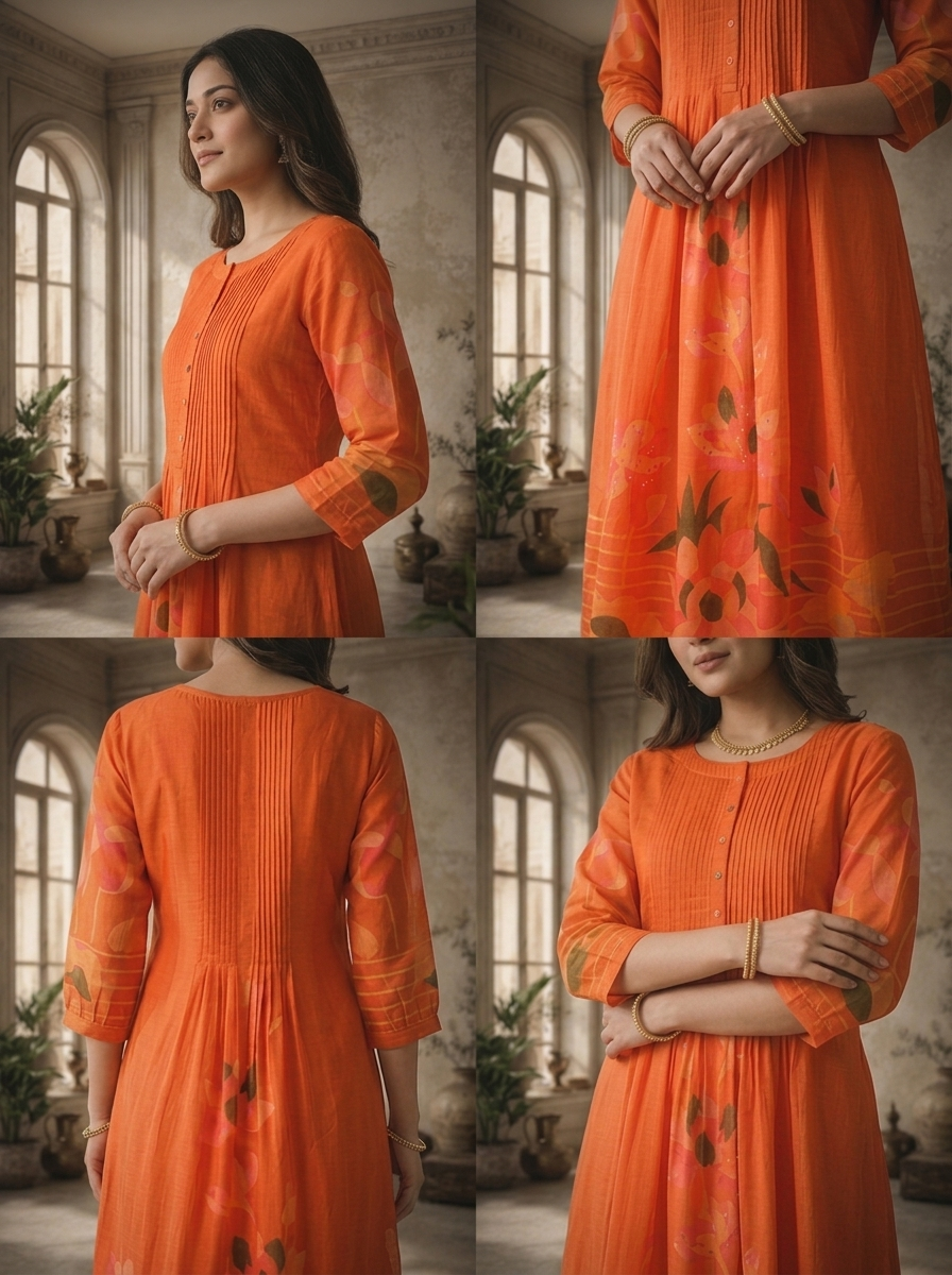 Burnt Orange Silk Large Abstract Floral Panel Printed Kurta