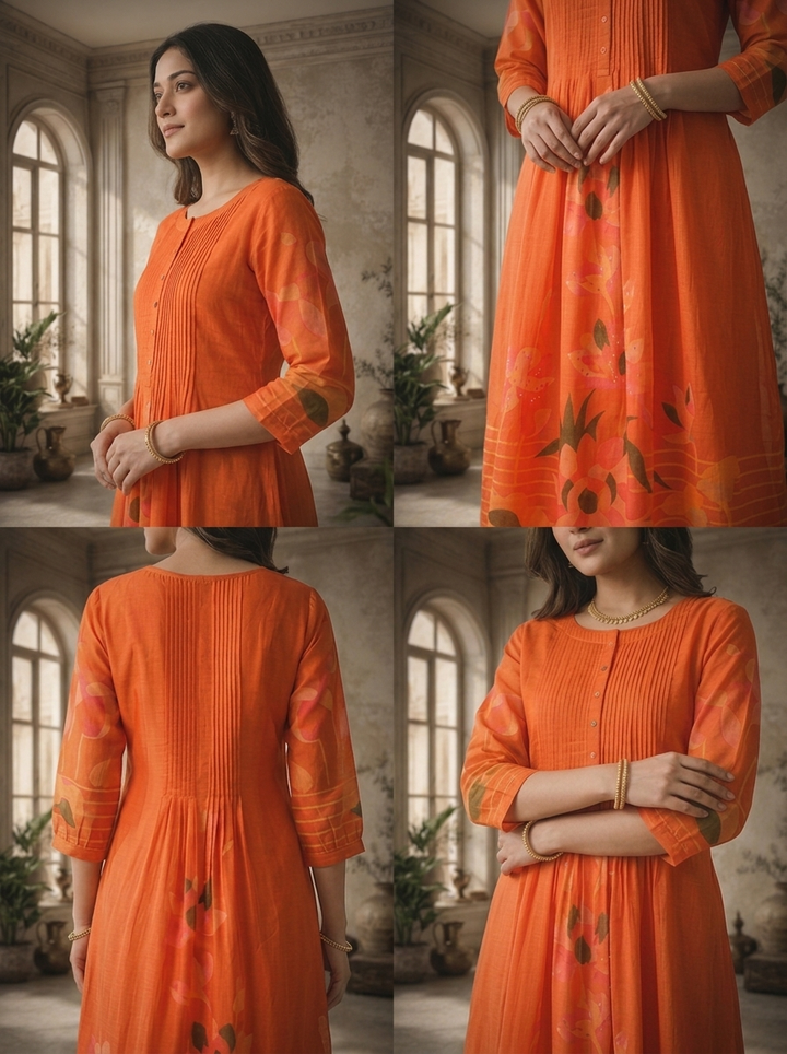 Burnt Orange Silk Large Abstract Floral Panel Printed Kurta