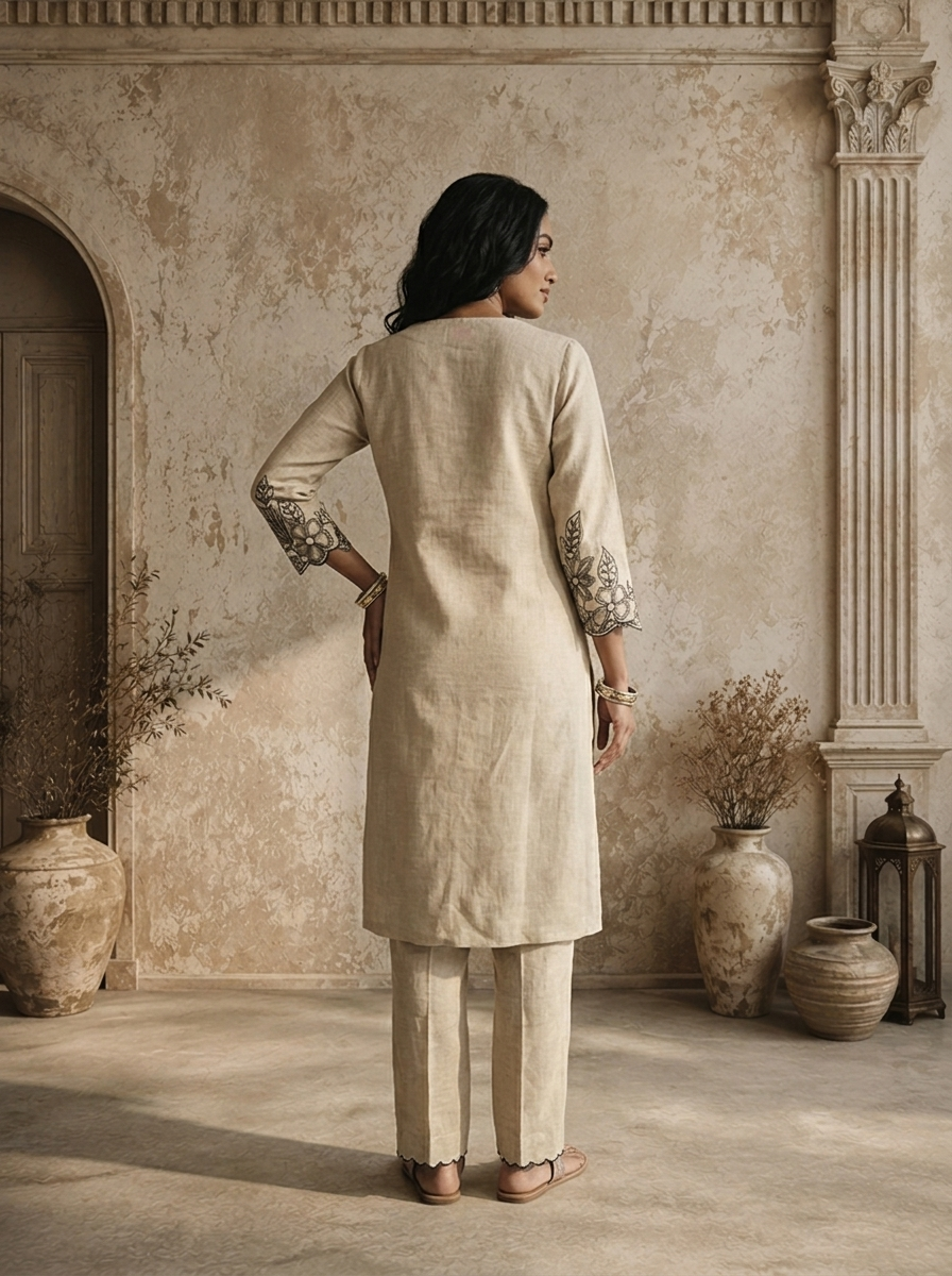 Beige Linen Floral Embroidered Two Piece Set