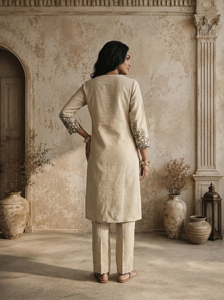 Beige Linen Floral Embroidered Two Piece Set