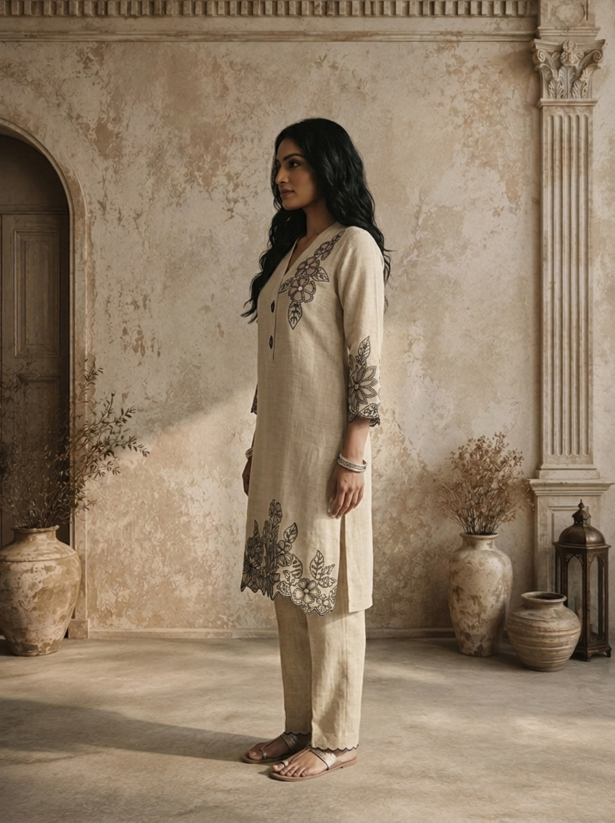 Beige Linen Floral Embroidered Two Piece Set