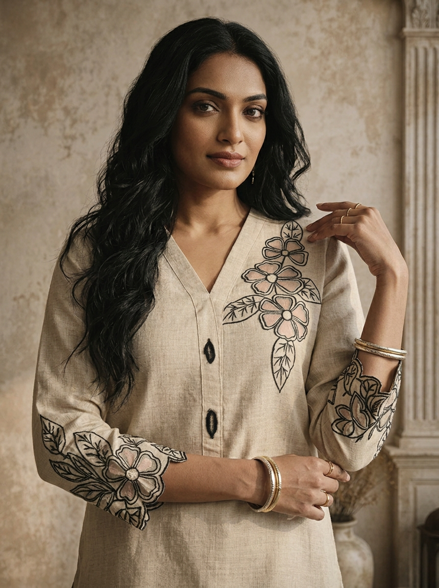 Beige Linen Floral Embroidered Two Piece Set
