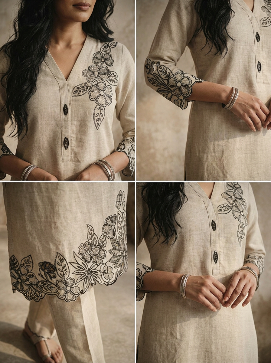 Beige Linen Floral Embroidered Two Piece Set