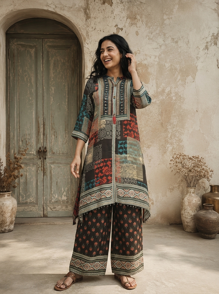 Black Crepe Patchwork Geometric Printed Two Piece Set