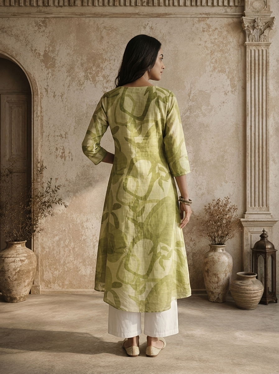 Pista Muslin Abstract Botanical And Geometric Printed Kurta