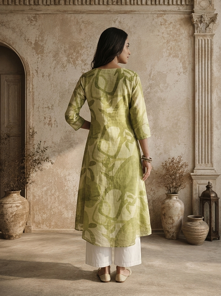 Pista Muslin Abstract Botanical And Geometric Printed Kurta