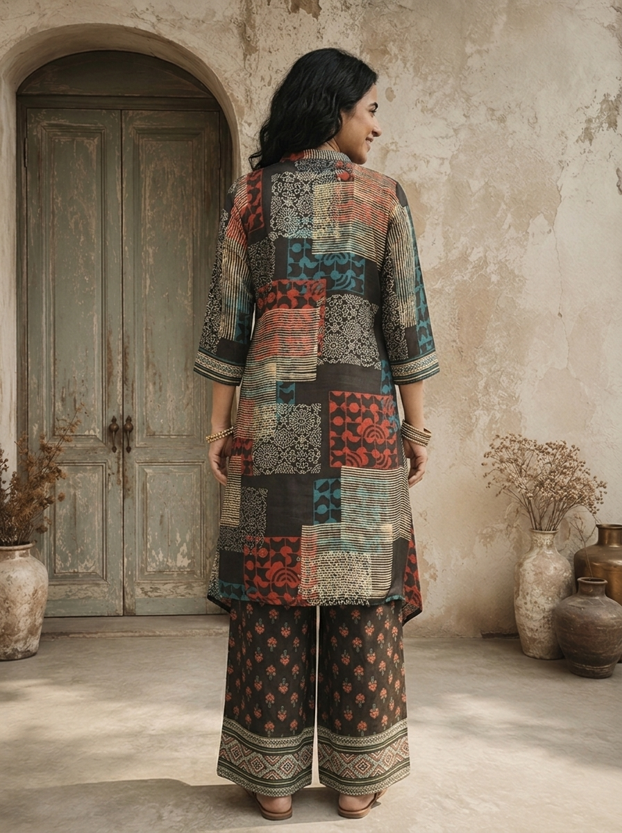 Black Crepe Patchwork Geometric Printed Two Piece Set