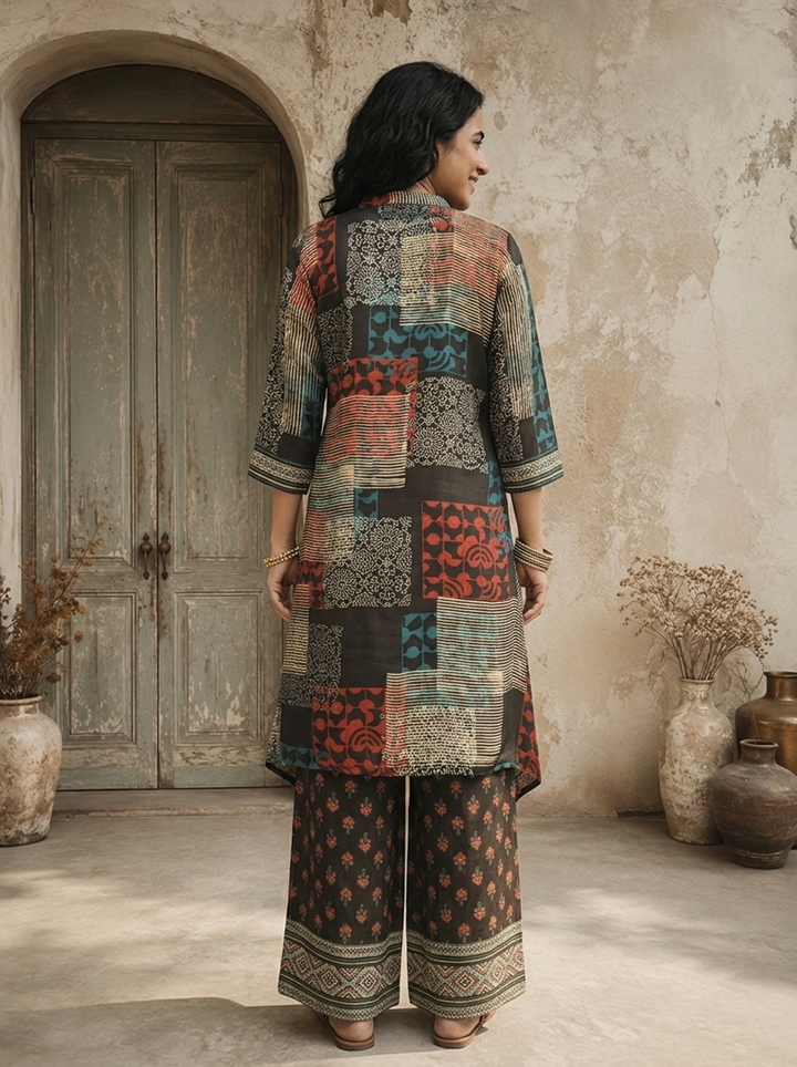 Black Crepe Patchwork Geometric Printed Two Piece Set