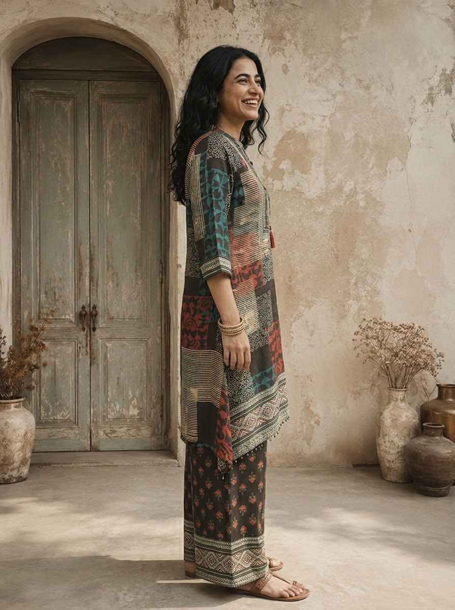 Black Crepe Patchwork Geometric Printed Two Piece Set