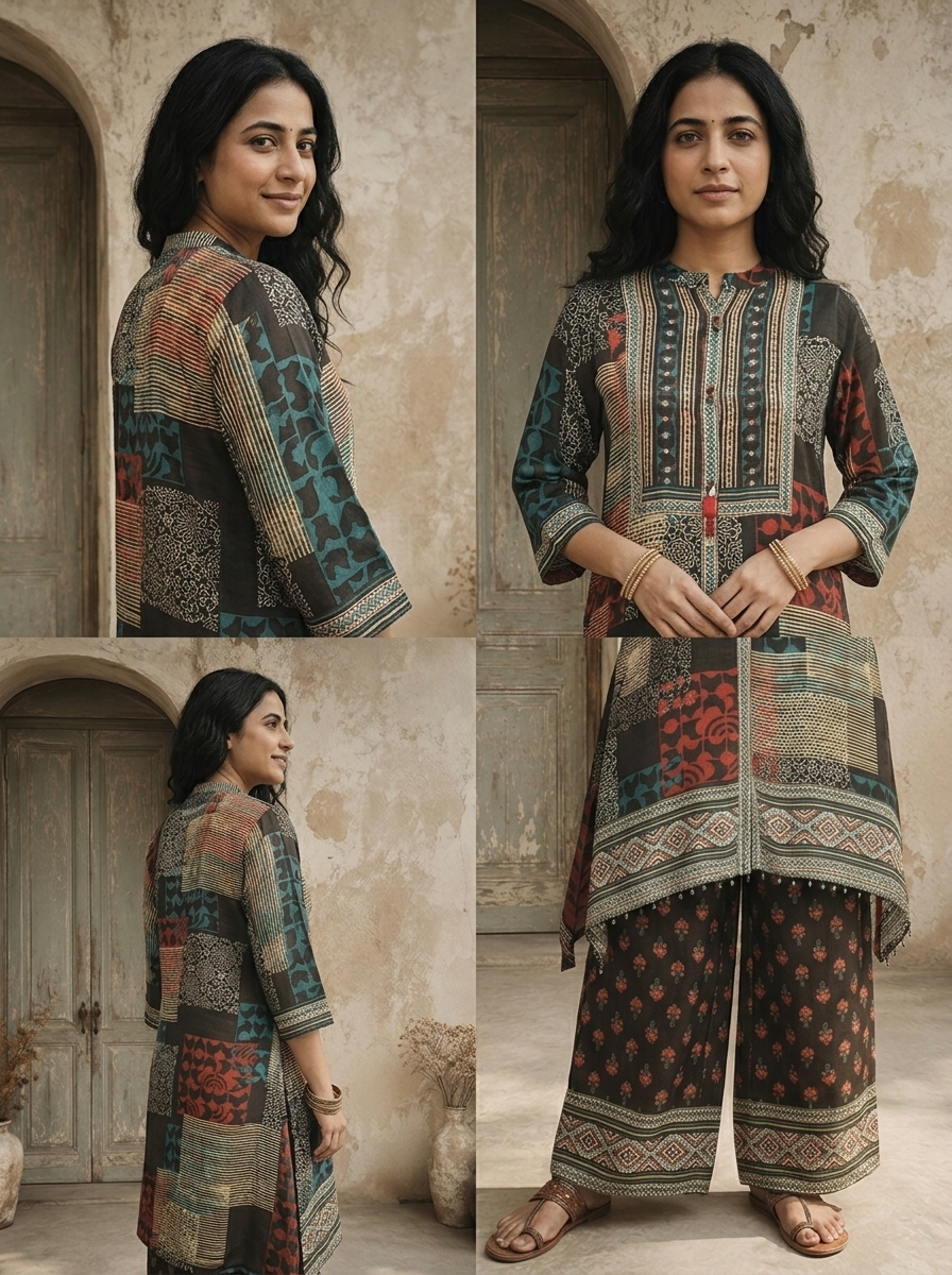 Black Crepe Patchwork Geometric Printed Two Piece Set
