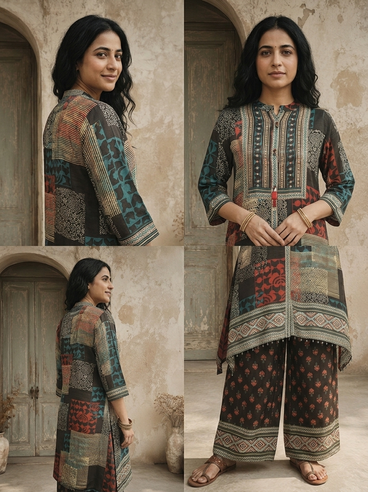 Black Crepe Patchwork Geometric Printed Two Piece Set