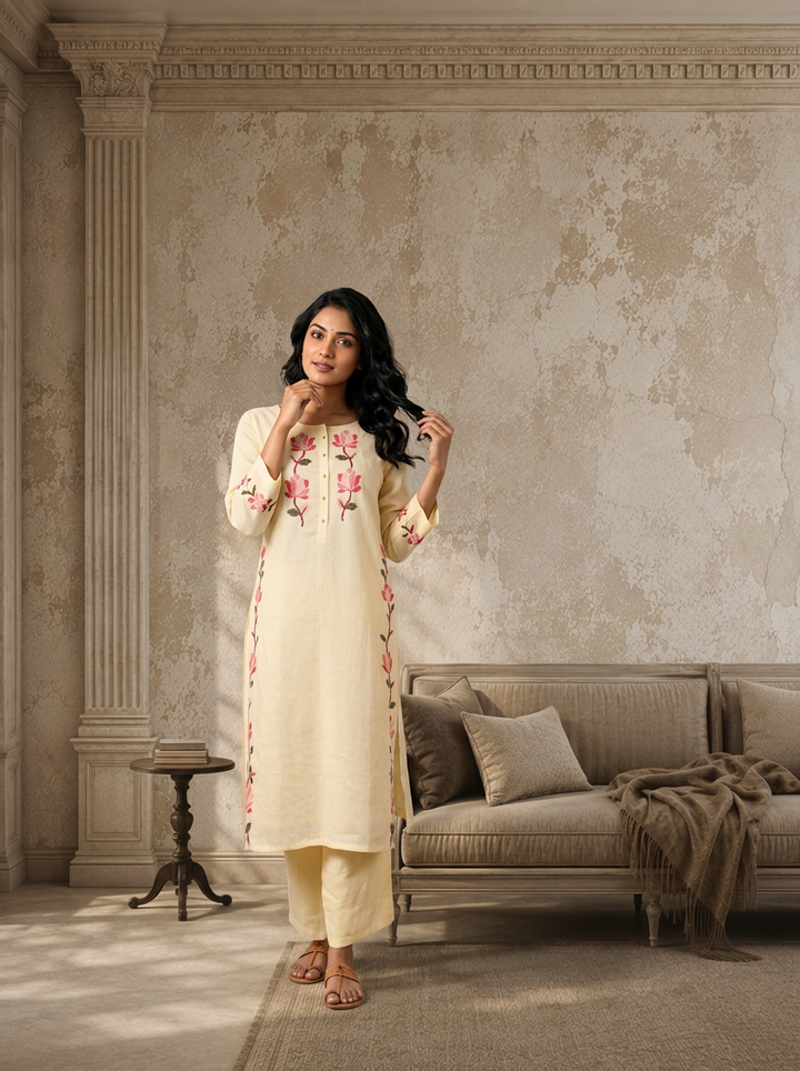 Cream Linen Floral Embroidered Two Piece Set