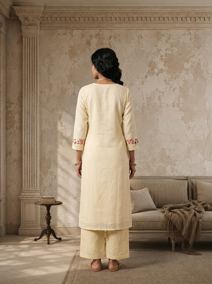 Cream Linen Floral Embroidered Two Piece Set