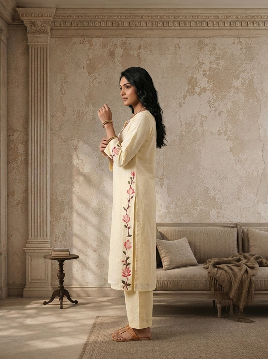 Cream Linen Floral Embroidered Two Piece Set