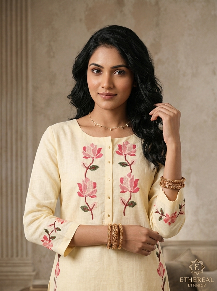 Cream Linen Floral Embroidered Two Piece Set