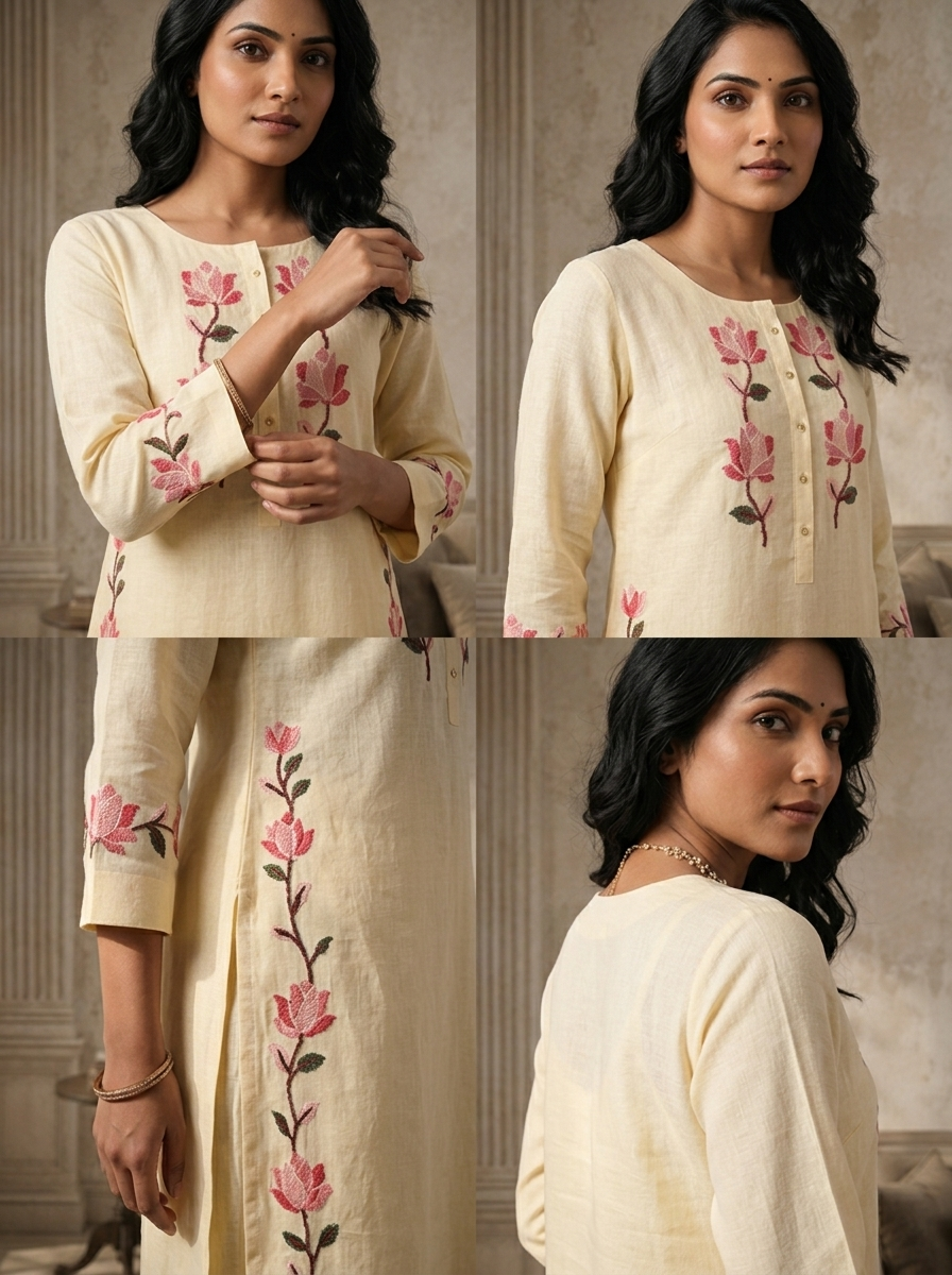 Cream Linen Floral Embroidered Two Piece Set