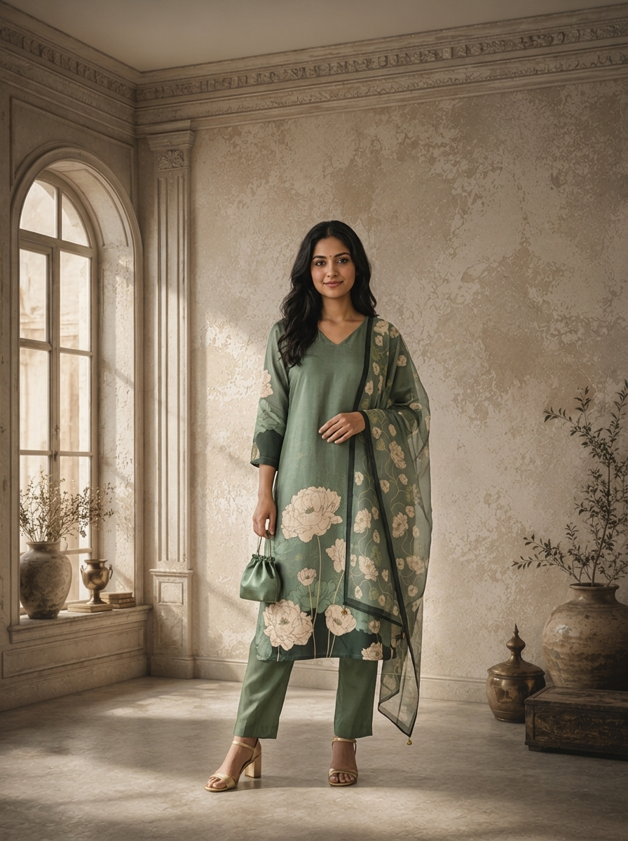 Olive Silk Abstract Floral Printed Three Piece Set