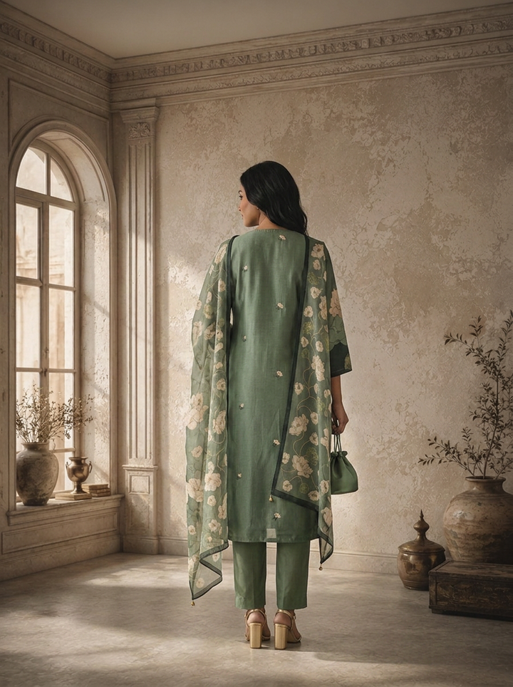 Olive Silk Abstract Floral Printed Three Piece Set