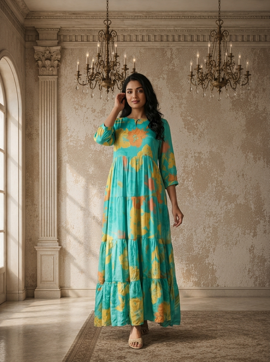 Ferozi Muslin Watercolor Floral Printed Dress