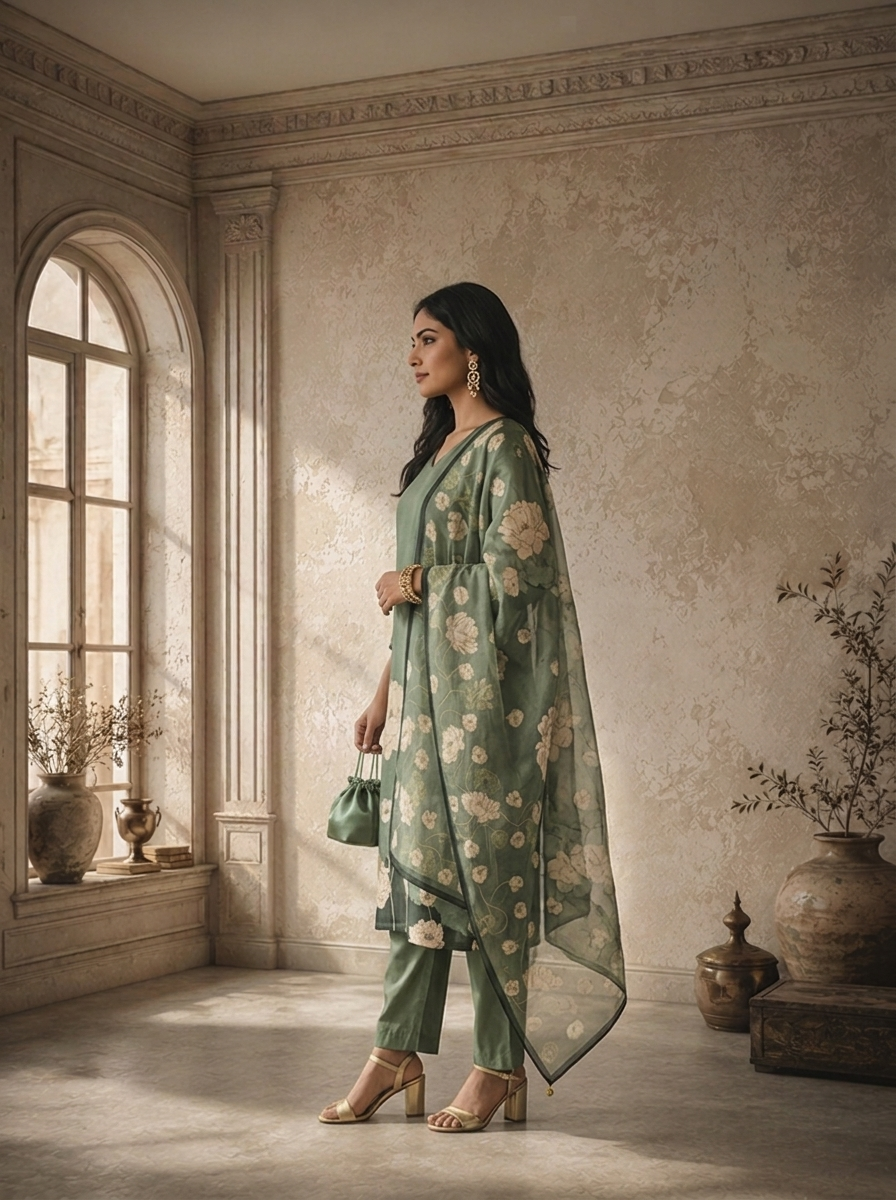 Olive Silk Abstract Floral Printed Three Piece Set