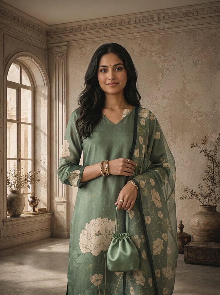 Olive Silk Abstract Floral Printed Three Piece Set