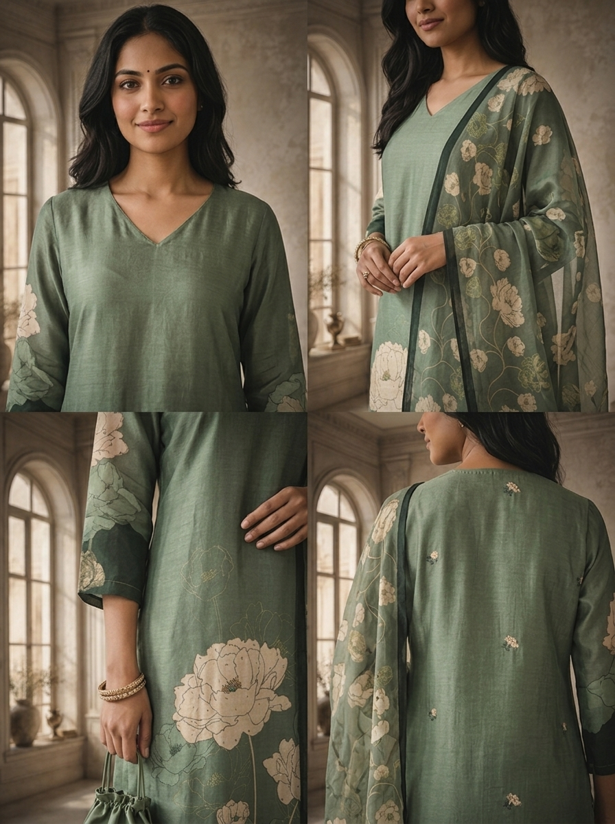 Olive Silk Abstract Floral Printed Three Piece Set