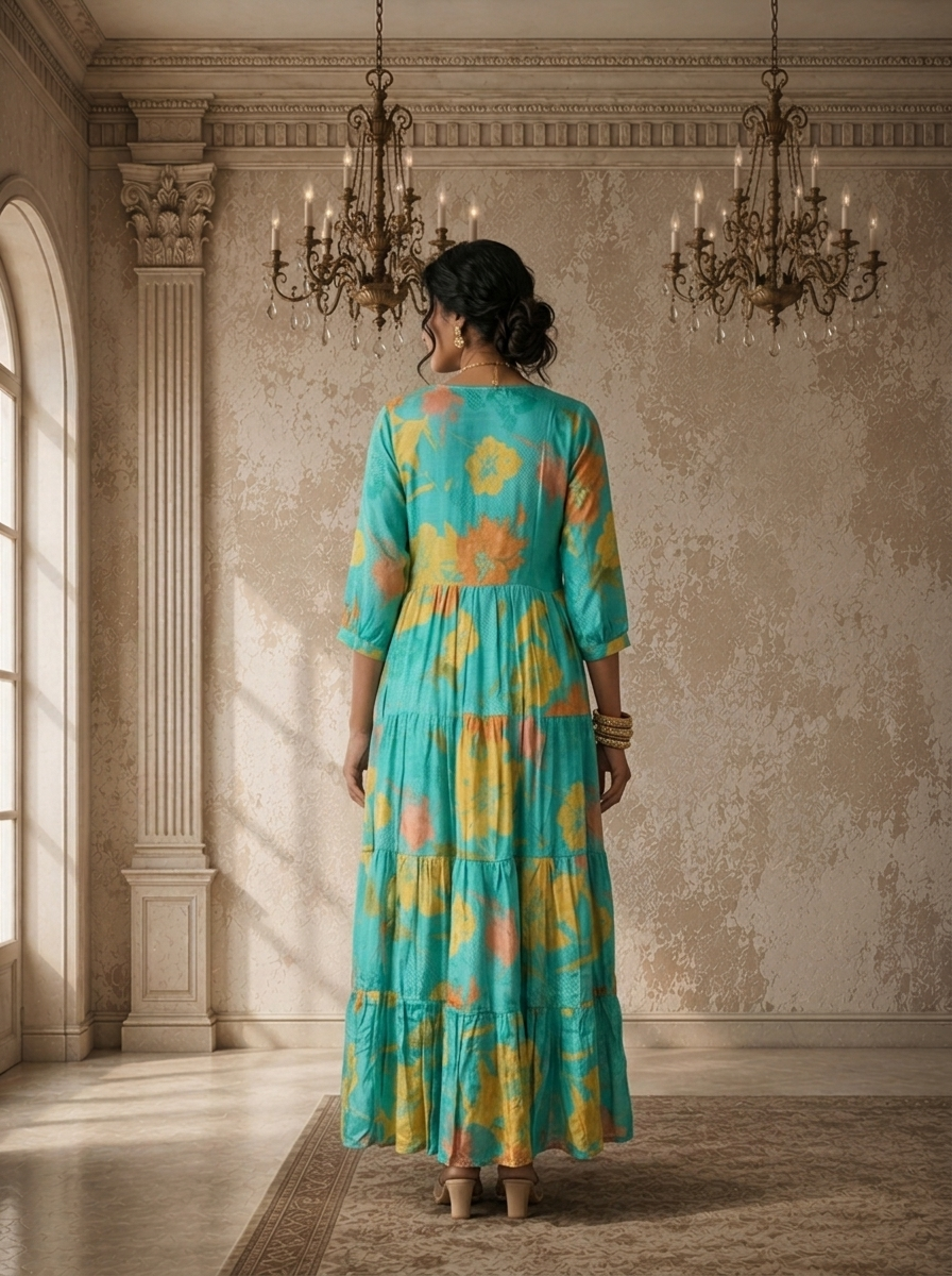 Ferozi Muslin Watercolor Floral Printed Dress