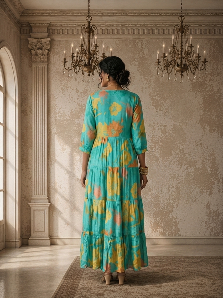 Ferozi Muslin Watercolor Floral Printed Dress